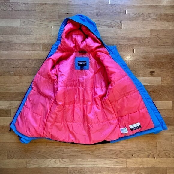 Land's End Girls L 14 Stormer Jacket Coat Hooded Blue Coral Star Zip Front - Picture 2 of 9